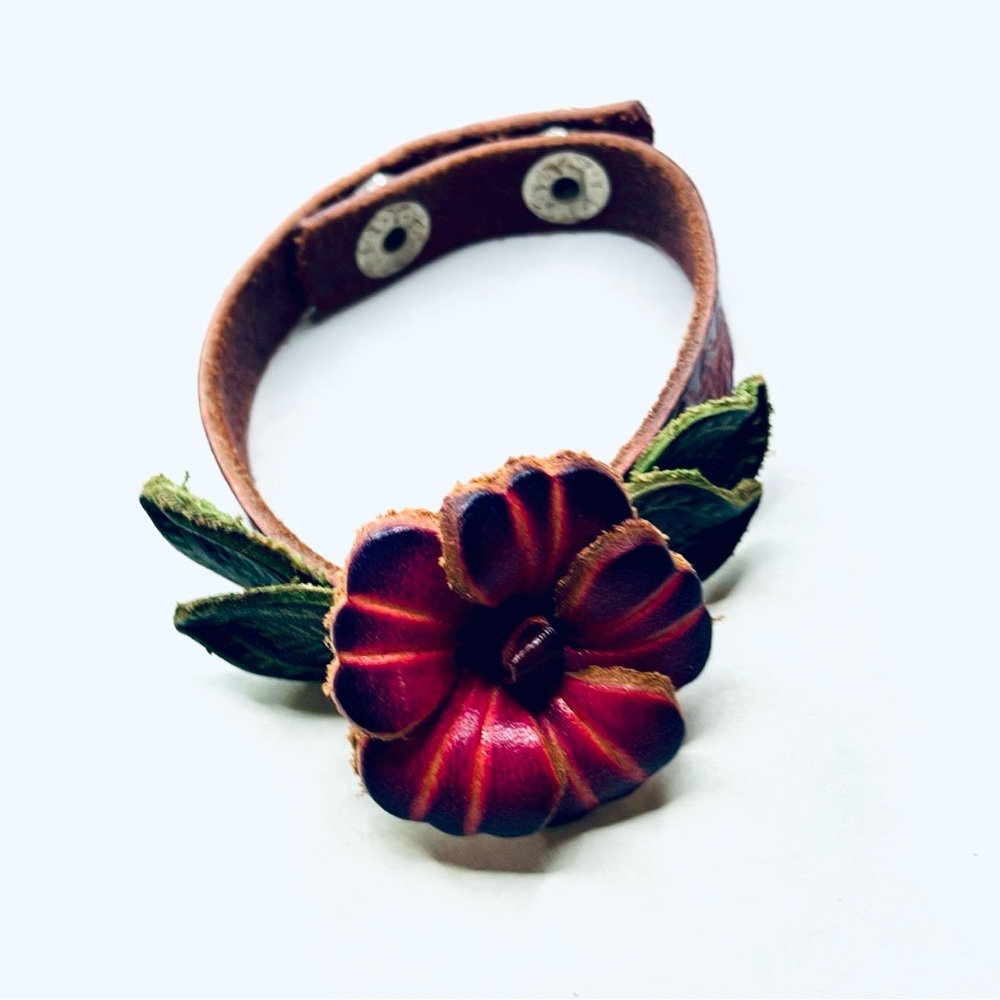 Handmade Pink Leather Flower Bracelet